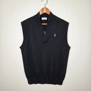 Vintage Ivey's 1/4 Zip Sweater Vest Black 100% Cotton Man & Dog Logo Large